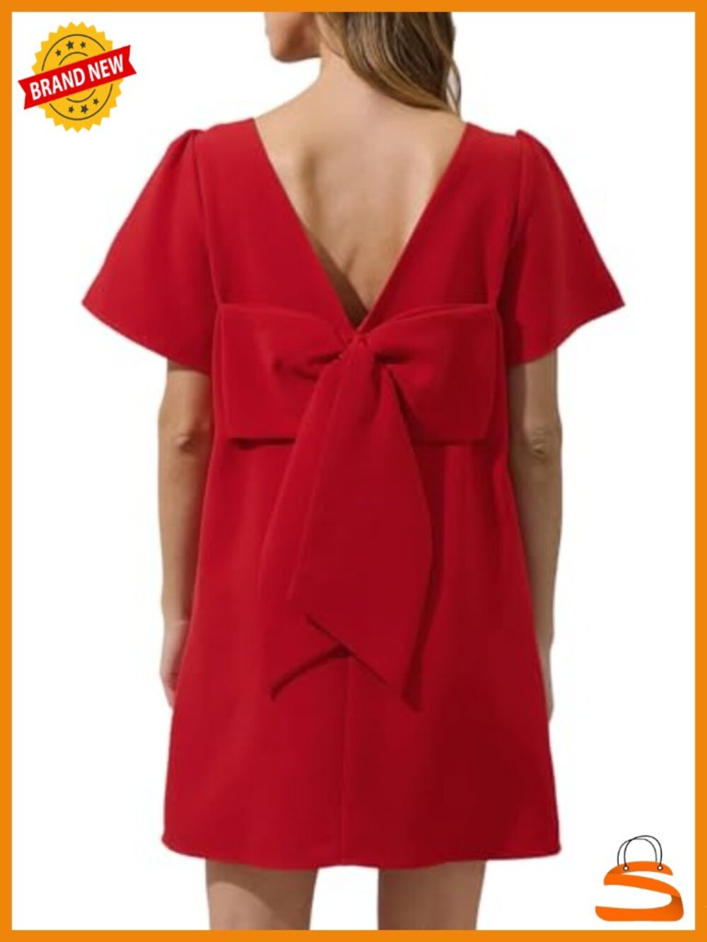 Bow Mini Dress Short Sleeve Shift Mock Neck Back Bow Pockets